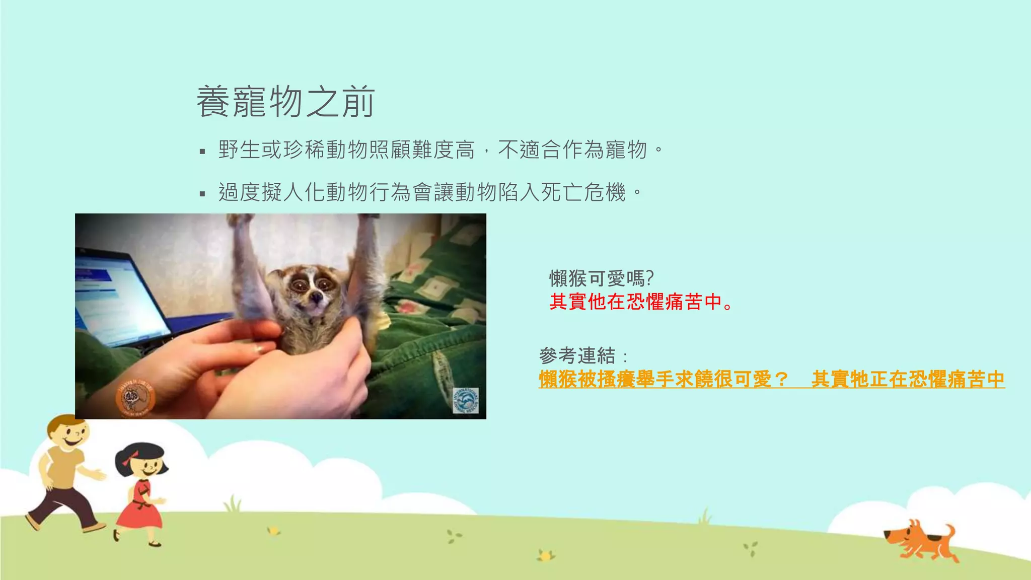 養寵物之前
 野生或珍稀動物照顧難度高，不適合作為寵物。
 過度擬人化動物行為會讓動物陷入死亡危機。
懶猴可愛嗎?
其實他在恐懼痛苦中。
參考連結：
懶猴被搔癢舉手求饒很可愛？ 其實牠正在恐懼痛苦中
 