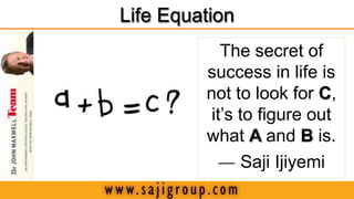 Life Equation
            The secret of
         success in life is
         not to look for C,
          it’s to figure out
         what A and B is.
                Saji Ijiyemi
 