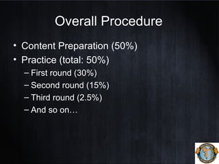 Overall Procedure
• Content Preparation (50%)
• Practice (total: 50%)
– First round (30%)
– Second round (15%)
– Third round (2.5%)
– And so on…
 