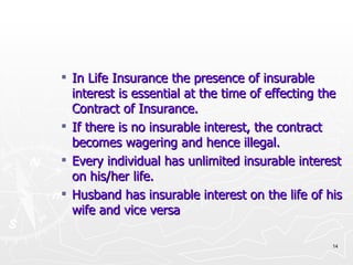 In Life Insurance the presence of insurable interest is essential at the time of effecting the Contract of Insurance. If there is no insurable interest, the contract becomes wagering and hence illegal. Every individual has unlimited insurable interest on his/her life. Husband has insurable interest on the life of his wife and vice versa 