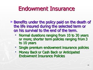 Endowment Insurance Benefits under the policy paid on the death of the life insured during the selected term or on his survival to the end of the term. Normal durations ranging from 10 to 30 years or more; shorter term policies ranging from 3 to 10 years Single premium endowment insurance policies Money Back or Cash Back or Anticipated Endowment Insurance Policies 