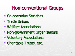 Non-conventional Groups Co-operative Societies Trade Unions Welfare Associations Non-government Organisations Voluntary Associations Charitable Trusts, etc. 