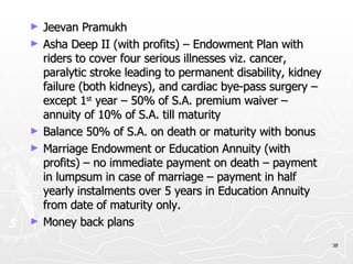 Jeevan Pramukh Asha Deep II (with profits) – Endowment Plan with riders to cover four serious illnesses viz. cancer, paralytic stroke leading to permanent disability, kidney failure (both kidneys), and cardiac bye-pass surgery – except 1 st  year – 50% of S.A. premium waiver – annuity of 10% of S.A. till maturity Balance 50% of S.A. on death or maturity with bonus Marriage Endowment or Education Annuity (with profits) – no immediate payment on death – payment in lumpsum in case of marriage – payment in half yearly instalments over 5 years in Education Annuity from date of maturity only. Money back plans 