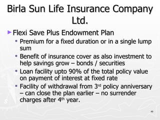 Birla Sun Life Insurance Company Ltd. Flexi Save Plus Endowment Plan Premium for a fixed duration or in a single lump sum Benefit of insurance cover as also investment to help savings grow – bonds / securities Loan facility upto 90% of the total policy value on payment of interest at fixed rate Facility of withdrawal from 3 rd  policy anniversary – can close the plan earlier – no surrender charges after 4 th  year. 