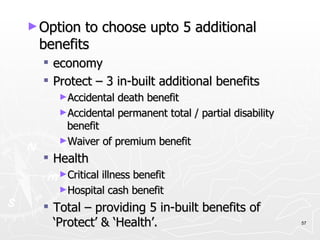 Option to choose upto 5 additional benefits economy Protect – 3 in-built additional benefits Accidental death benefit Accidental permanent total / partial disability benefit Waiver of premium benefit Health Critical illness benefit Hospital cash benefit Total – providing 5 in-built benefits of ‘Protect’ & ‘Health’. 