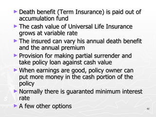 Death benefit (Term Insurance) is paid out of accumulation fund The cash value of Universal Life Insurance grows at variable rate The insured can vary his annual death benefit and the annual premium Provision for making partial surrender and take policy loan against cash value When earnings are good, policy owner can put more money in the cash portion of the policy Normally there is guaranted minimum interest rate A few other options 