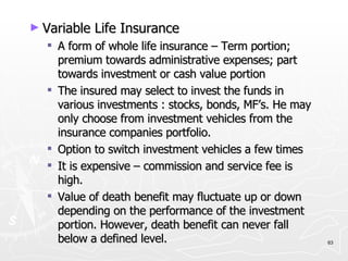 Variable Life Insurance A form of whole life insurance – Term portion; premium towards administrative expenses; part towards investment or cash value portion The insured may select to invest the funds in various investments : stocks, bonds, MF’s. He may only choose from investment vehicles from the insurance companies portfolio. Option to switch investment vehicles a few times It is expensive – commission and service fee is high. Value of death benefit may fluctuate up or down depending on the performance of the investment portion. However, death benefit can never fall below a defined level. 