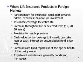 Whole Life Insurance Products in Foreign Markets Part premium for insurance; small part towards admin. expenses; balance for investment Insurance coverage for entire life Premium throughout life or selected term (10, 20, 30 years) Provision for single premium Cash value portion belongs to insured; can take loan or cash; interest on accumulation fund is tax free Premiums are fixed regardless of the age or health of the policy owner. Investment vehicles are generally bonds and mortgages 