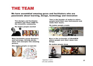 THE TEAM
September 15, 2015
LIFE-LINE LEARNING
We have assembled amazing gurus and facilitators who are
passionate about learning, design, technology and innovation
Tim designs and facilitates
sandpits and ideas LABS for
the scientific community.
He makes people excited
Tom is the founder of maker.ie where
people build their own instruments and
make their music.
He makes people create
Mela facilitates group dynamics
and learnings, turning words,
ideas and concepts into amazing
picture.
She makes people co-operate
Nico is the co-founder of MadeBCN
where people turn their ideas into
things.
He makes people think
9
 