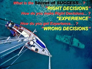 What is the Secret of SUCCESS... ?      "RIGHT DECISIONS"How do you make Right Decisions... ?   "EXPERIENCE"How do you get Experience.. . ?            "WRONG DECISIONS”