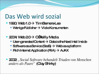 Das Web wird sozial 1990: Web 1.0    Tim Berners-Lee Wenige Publisher    Viele Konsumenten 2004: Web 2.0    O‘Reilly Media User-generated Content    Data is the Next Intel Inside Software as a Service (SaaS)    Web as a platform Rich Internet Application (RIA)    AJAX 2002:  „Social Software behandelt Triaden von Menschen anders als Paare“  (Clay Shirky) 