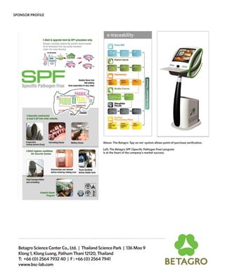SPONSOR PROFILE




                                               Above: The Betagro ‘Spy on me’ system allows point-of-purchase verification.

                                               Left: The Betagro SPF (Specific Pathogen Free) program
                                               is at the heart of the company’s market success.




  Betagro Science Center Co., Ltd. | Thailand Science Park | 136 Moo 9
  Klong 1, Klong Luang, Pathum Thani 12120, Thailand
  T: +66 (0) 2564 7932 40 | F : +66 (0) 2564 7941
  vwww.bsc-lab.com
 