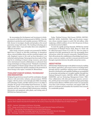 By encouraging the development and investment in biofu-              Today, Thailand Science Park houses NSTDA, BIOTEC,
els, research on this front is being pursued at NSTDA—from the        NECTEC, MTEC, NANOTEC, TMC and 60 private compa-
plantation to production and to quality assurance. NSTDA care-        nies, whose economic impact is worth US$ 100 million, while
fully chooses to investigate oil palm and jatropha as the second      employing a skilled workforce of over 500 (60 percent of whom
generation energy feed stocks. The breeding technology gives          are directly involved in R&D).
higher yield to these crops and makes them more adaptable to              To meet the rapidly growing demands, NSTDA has started
different soil surfaces.                                              construction of Thailand Science Park, Phase II, which will
     Solar energy research is another area promoted by NSTDA.         be called Innovation Cluster II (or INC II). This new phase is
R&D focus is placed on thin-film technology of amorphous              expected to be fully operational by 2011. By encouraging closer
silicon, microcrystalline silicon, and dye-sensitized organic solar   interactions within the research community, Thailand Science
cells. Emphasis is given to the scale up from laboratory to an        Park will accelerate the establishment of knowledge-based enter-
industrial scaled prototype. Fast progress has been made in Thai-     prises, create new markets, and drive economic growth forward
land for its switching to cleaner energy resources, and several       through cooperation between the public and private sectors.
active international research collaborations on advanced clean
energy technologies are being pursued. “Thailand’s commitment         ABOUT NSTDA
to the mitigation of climate change will not only reduce the coun-    NSTDA helps Thailand prosper in the global economy by enabling
try’s carbon emissions but will also contribute to the promotion of   the industry, agriculture, and services sectors to do things better
Green Energy in the region,” remarked Dr. Bhumiratana.                through superior capabilities utilizing science and technology.
                                                                      Research contributions and capability building are accomplished
THAILAND’S HUB OF SCIENCE, TECHNOLOGY                                 by promoting and pooling our strengths together through four
AND INNOVATION                                                        National Research Centers: BIOTEC, MTEC, NECTEC, and
Bridging the gap between research and the marketplace, through        NANOTEC, and one Technology Management Center: TMC.
alliances with universities, industry, and government, NSTDA          Close collaboration with other government agencies, universi-
engages with the private sector through joint R&D, knowledge          ties, and the private sector leads to valuable strategic partnerships
and technology transfer, and S&T related services in an effort to     and innovation alliances NSTDA and its Centers are operated by
stimulate the growth of knowledge-based businesses. In “Thai-         more than 2,500 scientists, researchers, and support staffs. The
land Science Park”, research tenants have access to NSTDA’s           goal is to accelerate and streamline the transition from research
scientists and the most advanced R&D infrastructure including         to a marketable product.
laboratories and equipment, pilot plants, and testing units of
NSTDA’s four National Centers.




NSTDA has four affiliate National Centers and one Center dedicated to Technology Management. All are focused on building Thailand’s S&T
capacity where research becomes the foundation for the country’s future. Key areas of research focus for these Centers are:

BIOTEC – Genomic Technology & Cell Factory Technology
MTEC – Design and Simulation for Materials and Manufacturing & Materials Design and Production
NANOTEC – Nanocoating, Nanoencapsulation, & Functional Nanostructures
NECTEC – Sensor Technology, Knowledge Engineering Technology, & Information Security Technology
TMC – Technology Transfer & Commercialization of Discoveries and Technologies
 