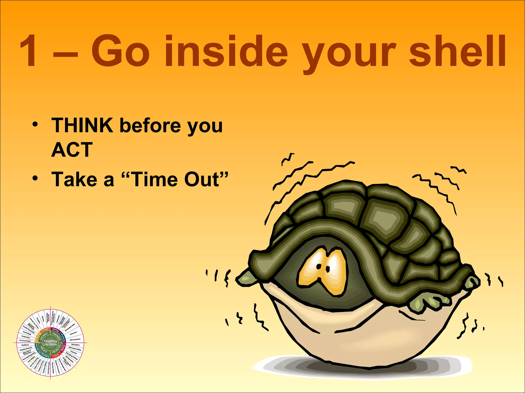 1 – Go inside your shell THINK before you ACT Take a “Time Out” 