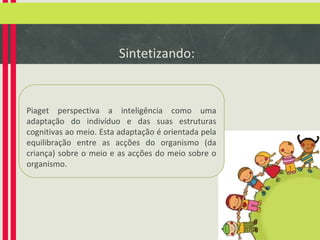 Sintetizando:

Piaget perspectiva a inteligência como uma
adaptação do indivíduo e das suas estruturas
cognitivas ao meio. Esta adaptação é orientada pela
equilibração entre as acções do organismo (da
criança) sobre o meio e as acções do meio sobre o
organismo.

 