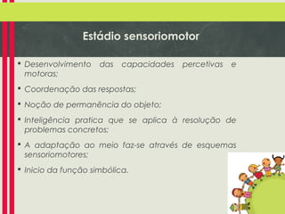 Estádio sensoriomotor
 Desenvolvimento
motoras;

das

capacidades

percetivas

e

 Coordenação das respostas;
 Noção de permanência do objeto;
 Inteligência pratica que se aplica à resolução de
problemas concretos;
 A adaptação ao meio faz-se através de esquemas
sensoriomotores;
 Inicio da função simbólica.

 