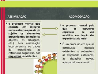 ASSIMILAÇÃO
 o processo mental que
consiste em integrar
numa estrutura prévia do
sujeito os elementos
provenientes do meio (os
objetos, as situações,
etc.). Pela assimilação
incorporam-se os dados
da
experiência
às
estruturas cognitivas, aos
esquemas já existentes

ACOMODAÇÃO
 o processo mental pelo
qual
as
estruturas
cognitivas
se
vão
modificar em função das
experiências do meio.

 É um processo em que as
estruturas
mentais
existentes se submetem
às exigências exteriores,
às
situações
novas,
adequando-se ao meio.

 
