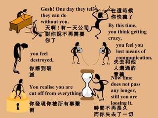 Gosh! One day they tell they can do  without you. By this time, you think getting  crazy, you feel  destroyed, you feel you lost means of communication. You realise you are  cut off from everything. Now time does not pass any longer, still you are  loosing it. 天啊 ! 有一天公司對你說不再需要你了 在這時候 你快瘋了 你感到破滅 失去和他人溝通的意義 你發現你被所有事擊倒 時間不再長久 而你失去了一切 