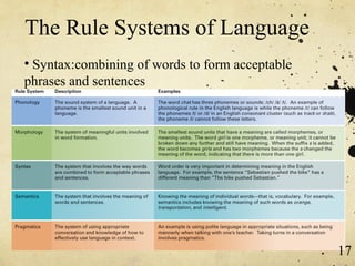 The Rule Systems of Language
• Syntax:combining of words to form acceptable
phrases and sentences




                                                 17
 