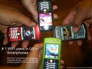 # 1 WiFi users in US = Smartphones  60% Wi-Fi connections were made by integrated devices, up from 49 % in the previous quarter (AT&T report, Oct 09) http://www.flickr.com/photos/evelynishere/3461088894/ 