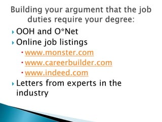  OOH and O*Net 
 Online job listings 
 www.monster.com 
 www.careerbuilder.com 
 www.indeed.com 
 Letters from experts in the 
industry 
 