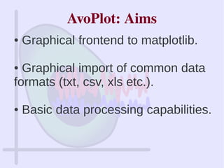 AvoPlot: Aims
● Graphical frontend to matplotlib.
● Graphical import of common data
formats (txt, csv, xls etc.).
● Basic data processing capabilities.
 
