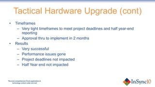 Tactical Hardware Upgrade (cont) Timeframes Very tight timeframes to meet project deadlines and half year-end reporting Approval thru to implement in 2 months Results Very successful Performance issues gone Project deadlines not impacted Half Year end not impacted 