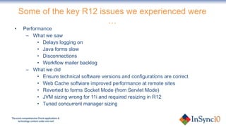 Some of the key R12 issues we experienced were … Performance What we saw Delays logging on Java forms slow Disconnections Workflow mailer backlog What we did Ensure technical software versions and configurations are correct Web Cache software improved performance at remote sites Reverted to forms Socket Mode (from Servlet Mode) JVM sizing wrong for 11i and required resizing in R12 Tuned concurrent manager sizing 