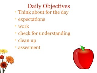 Think about for the day expectations work check for understanding clean up assesment Daily Objectives 