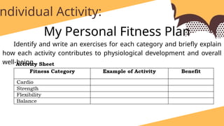 identify and write at least one exercise for each category and briefly explain how each activity contributes to physiological development and overall well-being.
ndividual Activity:
My Personal Fitness Plan
Identify and write an exercises for each category and briefly explain
how each activity contributes to physiological development and overall
well-being.
 