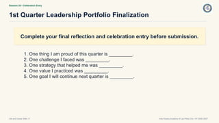 Session 20 • Celebration Entry
1st Quarter Leadership Portfolio Finalization
Life and Career Skills 11 Holy Rosary Academy of Las Piñas City • SY 2026–2027
Complete your final reflection and celebration entry before submission.
1. One thing I am proud of this quarter is _________.
2. One challenge I faced was _________.
3. One strategy that helped me was _________.
4. One value I practiced was _________.
5. One goal I will continue next quarter is _________.
 