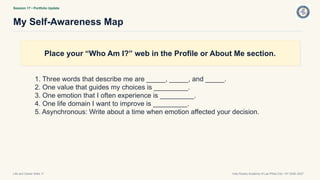Session 17 • Portfolio Update
My Self-Awareness Map
Life and Career Skills 11 Holy Rosary Academy of Las Piñas City • SY 2026–2027
Place your “Who Am I?” web in the Profile or About Me section.
1. Three words that describe me are _____, _____, and _____.
2. One value that guides my choices is _________.
3. One emotion that I often experience is _________.
4. One life domain I want to improve is _________.
5. Asynchronous: Write about a time when emotion affected your decision.
 