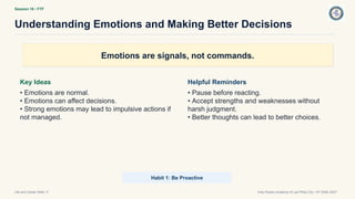 Session 18 • FTF
Understanding Emotions and Making Better Decisions
Life and Career Skills 11 Holy Rosary Academy of Las Piñas City • SY 2026–2027
Emotions are signals, not commands.
Key Ideas
• Emotions are normal.
• Emotions can affect decisions.
• Strong emotions may lead to impulsive actions if
not managed.
Helpful Reminders
• Pause before reacting.
• Accept strengths and weaknesses without
harsh judgment.
• Better thoughts can lead to better choices.
Habit 1: Be Proactive
 
