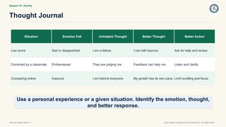 Session 18 • Activity
Thought Journal
Life and Career Skills 11 Holy Rosary Academy of Las Piñas City • SY 2026–2027
Situation Emotion Felt Unhelpful Thought Better Thought Better Action
Low score Sad or disappointed I am a failure. I can still improve. Ask for help and review.
Corrected by a classmate Embarrassed They are judging me. Feedback can help me. Listen and clarify.
Comparing online Insecure I am behind everyone. My growth has its own pace. Limit scrolling and focus.
Use a personal experience or a given situation. Identify the emotion, thought,
and better response.
 