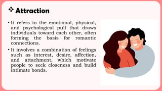 Attraction
• It refers to the emotional, physical,
and psychological pull that draws
individuals toward each other, often
forming the basis for romantic
connections.
• It involves a combination of feelings
such as interest, desire, affection,
and attachment, which motivate
people to seek closeness and build
intimate bonds.
 