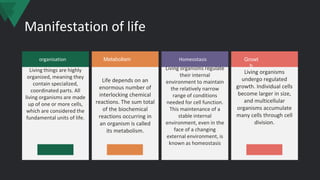 Manifestation of life
Living things are highly
organized, meaning they
contain specialized,
coordinated parts. All
living organisms are made
up of one or more cells,
which are considered the
fundamental units of life.
organisation
Life depends on an
enormous number of
interlocking chemical
reactions. The sum total
of the biochemical
reactions occurring in
an organism is called
its metabolism.
Metabolism
Living organisms regulate
their internal
environment to maintain
the relatively narrow
range of conditions
needed for cell function.
This maintenance of a
stable internal
environment, even in the
face of a changing
external environment, is
known as homeostasis
Homeostasis
Living organisms
undergo regulated
growth. Individual cells
become larger in size,
and multicellular
organisms accumulate
many cells through cell
division.
Growt
h
 