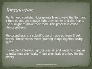 Plants need sunlight. Houseplants lean toward the Sun, and if they do not get enough light they wither and die. Plants use sunlight to make their food. This process is called photosynthesis.Photosynthesis is a scientific word made up from Greek words. These words mean “putting things together using light.”Inside plants’ leaves, light causes air and water to combine to make new chemicals. These chemicals are food for the plants.Introductionayessamae_macale@yahoo.com