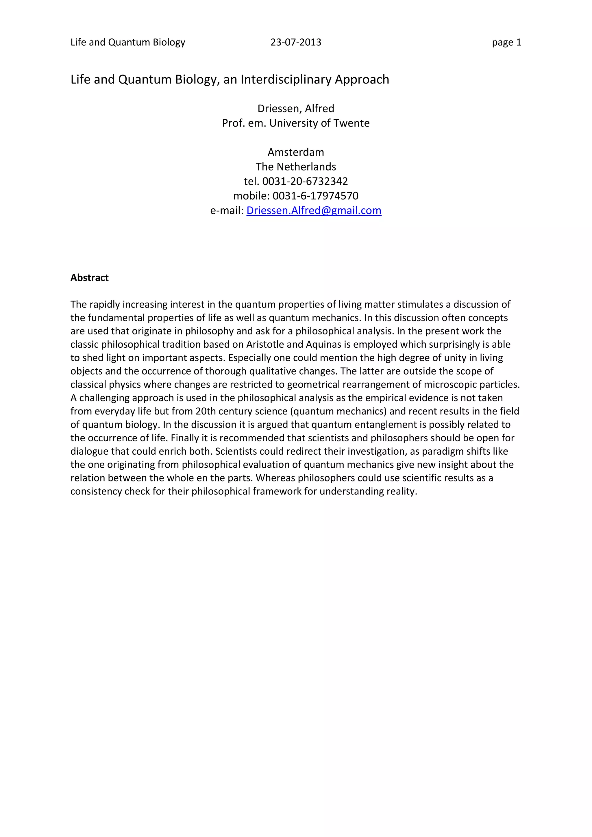 Life and Quantum Biology | PDF