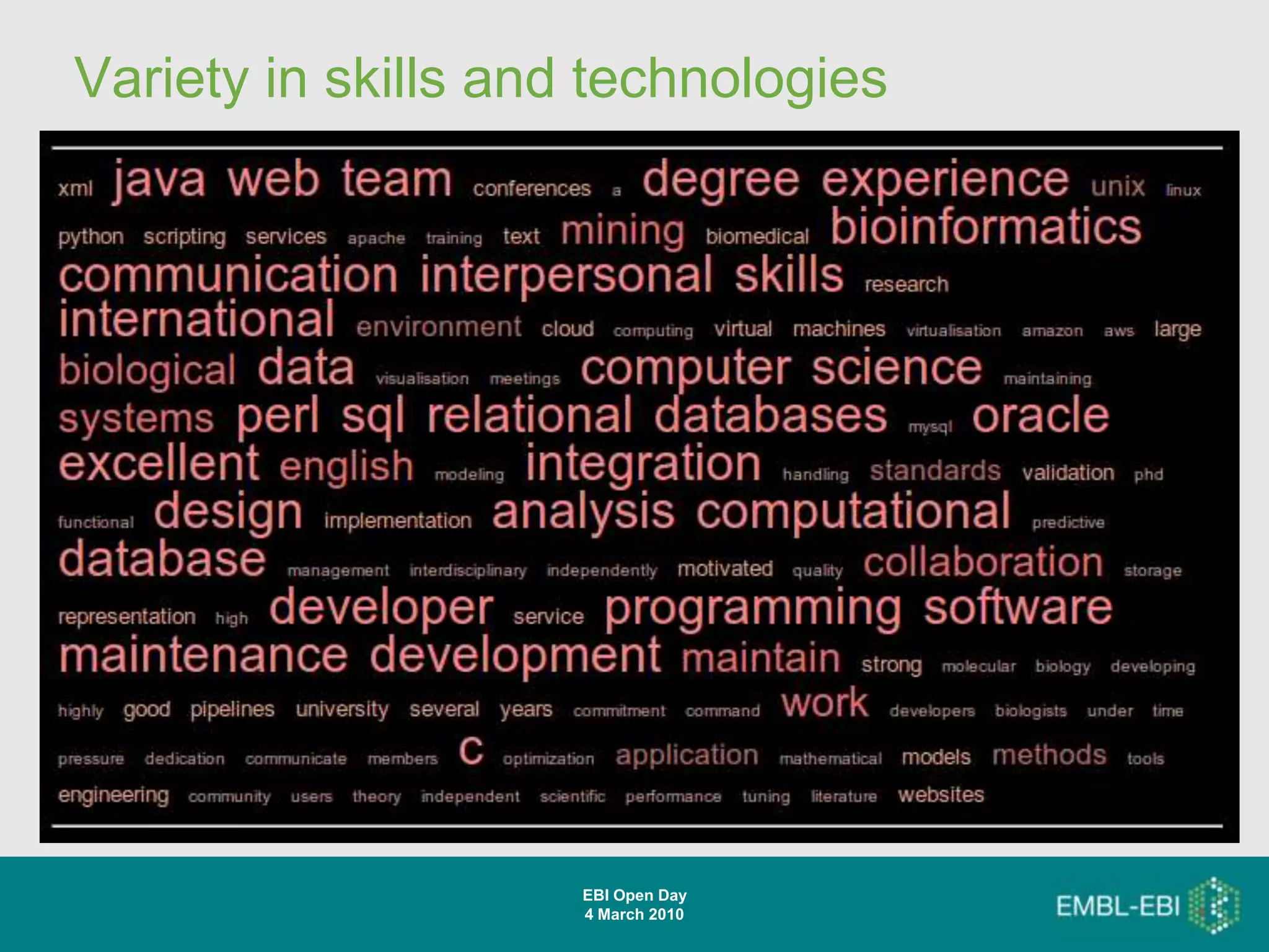 Variety in skills and technologies




                     EBI Open Day
                     4 March 2010
 