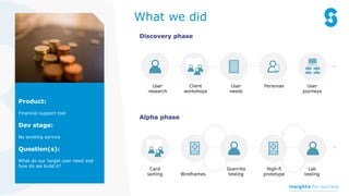Discovery phase
Product:
Financial support tool
Dev stage:
No existing service
Question(s):
What do our target user need and
how do we build it?
What we did
User
research
Client
workshops
User
needs
Personas User
journeys
Alpha phase
Card
sorting Wireframes
Guerrilla
testing
High-fi
prototype
Lab
testing
 