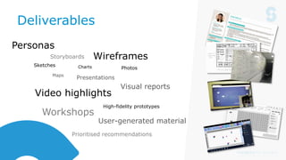 Deliverables
Video highlights
Maps
Presentations
Workshops
User-generated material
Visual reports
Personas
WireframesStoryboards
Charts Photos
Sketches
High-fidelity prototypes
Prioritised recommendations
 