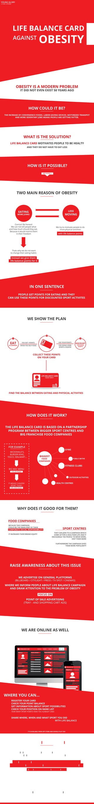 LIFE BALANCE CARD 
OBESITY 
HOW COULD IT BE? 
THE INCREASE OF CONVENIENCE FOODS, LABOR-SAVING DEVICES, MOTORIZED TRANSPOT 
AND MORE SEDENTARY JOBS MEANS PEOPLE ARE GETTING FATTER. 
2 
BIGGEST 
FOOD 
COMPANIES 
USE YOUR POINTS 
FOR DOING SOME 
SPORTS CHEAPER 
GYMS 
PUBLIC BATHS 
FITNESS CLUBS 
OUTDOOR ACTIVITIES 
HEALTH CENTRES 
YOUNG GLORY 
# 01 BRIEF / SEPTEMBER 
AGAINST 
OBESITY IS A MODERN PROBLEM 
IT DID NOT EVEN EXIST 50 YEARS AGO 
WHAT IS THE SOLUTION? 
LIFE BALANCE CARD MOTIVATES PEOPLE TO BE HEALTY 
AND THEY DO NOT HAVE TO EAT LESS 
HOW IS IT POSSIBLE? 
TWO MAIN REASON OF OBESITY 
Com’on! Be honest! 
We can not tell people what 
and how much should they eat. 
Because it would restrict them 
in their freedom 
We try to motivate people to do 
more physical activities 
Thats why we do not want 
to change their eating habits 
Instead we give them 
life balance points for it 
with life balance points 
WE SHOW U 
IN ONE SENTENCE 
PEOPLE GET POINTS FOR EATING AND THEY 
CAN USE THESE POINTS FOR DISCOUNTED SPORT ACTIVITES 
YOU GET +POINTS 
WHEN YOU BUY FOOD 
JUST THINK ABOUT IT 
1 
FOR EXAMPLE 
IT IS NOT JUST A SIMPLE PRINT OR A TV SPOT 
IT IS NOT JUST A ONE SHOT CAMPAIGN 
THIS CAMPAIGN COULD SPREAD THE WORLD AND 
COULD BE INTEGRATED INTO PEOPLE’S EVERYDAY LIFE 
IT TRIGGER A CHANGE IN BEHAVIOUR 
THE INCREASE OF THE OBESITY 
COULD BE STOPPED 
EATING 
MORE JUNKS 
LESS 
MOVING 
WE SHOW THE PLAN 
HOW DOES IT WORK? 
THE LIFE BALANCE CARD IS BASED ON A PARTNERSHIP 
PROGRAM BETWEEN BIGGER SPORT CENTRES AND 
BIG FRANCHISE FOOD COMPANIES 
MCDONALD'S, 
BURGER KING, 
TESCO, WALMART... 
BIG MAC MENU 
BECAUSE THIS CAMPAIGN 
COULD BE THE MAIN PART OF THEIR 
CORPORATE SOCIAL RESPONSIBILITY 
IT INCREASES THEIR BRAND EQUITY 
THEY CAN JOIN TO A CAMPAIGN WHICH 
COME UP FOR A HEALTHIER LIFE AND IT 
ENCOURAGE THE PEOPLE TO MOVE MORE, 
VISIT THEM MORE 
FURTHERMORE THE CAMPAIGN GIVES 
THEM MORE POPULARITY 
LIFE BALANCE CARD 
AGAINST OBESITY 
EAT& 
MOVE 
EAT 
AS GENERAL 
EAT 
LIKE USUAL 
COLLECT THESE POINTS 
ON YOUR CARD 
FIND THE BALANCE BETWEEN EATING AND PHYSICAL ACTIVITIES 
WHY DOES IT GOOD FOR THEM? 
FOOD COMPANIES 
SPORT CENTRES 
RAISE AWARENESS ABOUT THIS ISSUE 
WE ADVERTISE ON GENERAL PLATFORMS 
(BILLBOARD / CITYLIGHT / PRESS / TV SPOT / CINEMAS) 
WHERE WE INFORM PEOPLE ABOUT LIFE BALANCE CAMPAIGN 
AND DRAW ATTENTION TO THE PROBLEM OF OBESITY 
FOCUS ON 
POINT OF SALE ADVERTISING 
(TRAY - AND SHOPPING CART ADS) 
WE ARE ONLINE AS WELL 
WHERE YOU CAN... 
DISCOUNT 
FOR DOING 
SPORTS 
REGISTER YOUR CARD 
CHECK YOUR POINT BALANCE 
GET INFORMATION ABOUT SPORT POSSIBILITIES 
CHECK YOUR POSITION ON RANK LIST 
SHARE WHERE, WHEN AND WHAT SPORT YOU DID 
WITH LIFE BALANCE 
HOW MANY SPORT POINTS HAVE YOU ALREADY USED 
3 
IT IS AVAILABLE FROM APP STORE AND GOOGLE PLAY TOO 
+10 LB POINT 
IT MEANS CHEAPER 
SPORT TICKET 
10% DISCOUNT 
