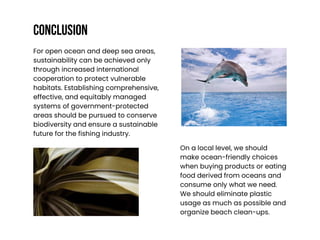 On a local level, we should
make ocean-friendly choices
when buying products or eating
food derived from oceans and
consume only what we need.
We should eliminate plastic
usage as much as possible and
organize beach clean-ups.
For open ocean and deep sea areas,
sustainability can be achieved only
through increased international
cooperation to protect vulnerable
habitats. Establishing comprehensive,
effective, and equitably managed
systems of government-protected
areas should be pursued to conserve
biodiversity and ensure a sustainable
future for the fishing industry.
CONCLUSION
 