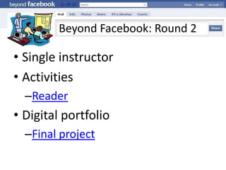 Beyond Facebook: Round 2Single instructorActivitiesReaderDigital portfolioFinal project