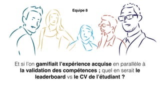 Et si l’on gamiﬁait l’expérience acquise en parallèle à
la validation des compétences ; quel en serait le
leaderboard vs le CV de l’étudiant ?
Equipe 8
 