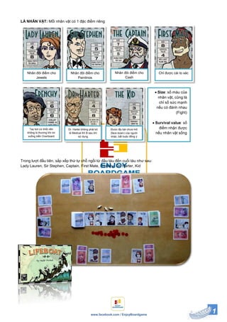 1www.facebook.com / EnjoyBoardgame
LÁ NHÂN VẬT: Mỗi nhân vật có 1 đặc điểm riêng
Trong lượt đầu tiên, sắp xếp thứ tự chỗ ngồi từ đầu tàu đến cuối tàu như sau:
Lady Lauren, Sir Stephen, Captain, First Mate, Frenchy, Dr. Harter, Kid
Dr. Harter không phải bỏ
lá Medical Kit đi sau khi
sử dụng
Được lấy bài chưa mở
(face down) của người
khác, bắt buộc đồng ý
Nhân đôi điểm cho
Jewels
Tay bơi cừ khôi nên
không bị thương khi rơi
xuống biển Overboard
Chỉ được cái to xácNhân đôi điểm cho
Cash
Nhân đôi điểm cho
Paintings
 Size: số máu của
nhân vật, cũng là
chỉ số sức mạnh
nếu có đánh nhau
(Fight)
 Survival value: số
điểm nhận được
nếu nhân vật sống
 