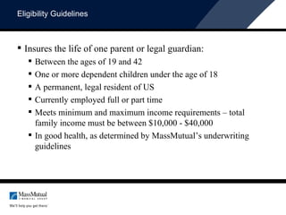 Eligibility Guidelines Insures the life of one parent or legal guardian: Between the ages of 19 and 42 One or more dependent children under the age of 18 A permanent, legal resident of US Currently employed full or part time Meets minimum and maximum income requirements – total family income must be between $10,000 - $40,000 In good health, as determined by MassMutual’s underwriting guidelines 