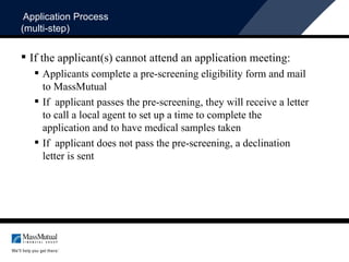 If the applicant(s) cannot attend an application meeting: Applicants complete a pre-screening eligibility form and mail to MassMutual  If  applicant passes the pre-screening, they will receive a letter to call a local agent to set up a time to complete the application and to have medical samples taken If  applicant does not pass the pre-screening, a declination letter is sent Application Process (multi-step) 