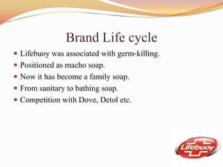 Brand Life cycle
 Lifebuoy was associated with germ-killing.
 Positioned as macho soap.
 Now it has become a family soap.
 From sanitary to bathing soap.
 Competition with Dove, Detol etc.
 