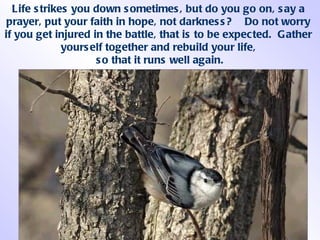 Life strikes you down sometimes, but do you go on, say a  prayer, put your faith in hope, not darkness?  Do not worry  if you get injured in the battle, that is to be expected.  Gather  yourself together  and rebuild your life,  so that it runs well again. 